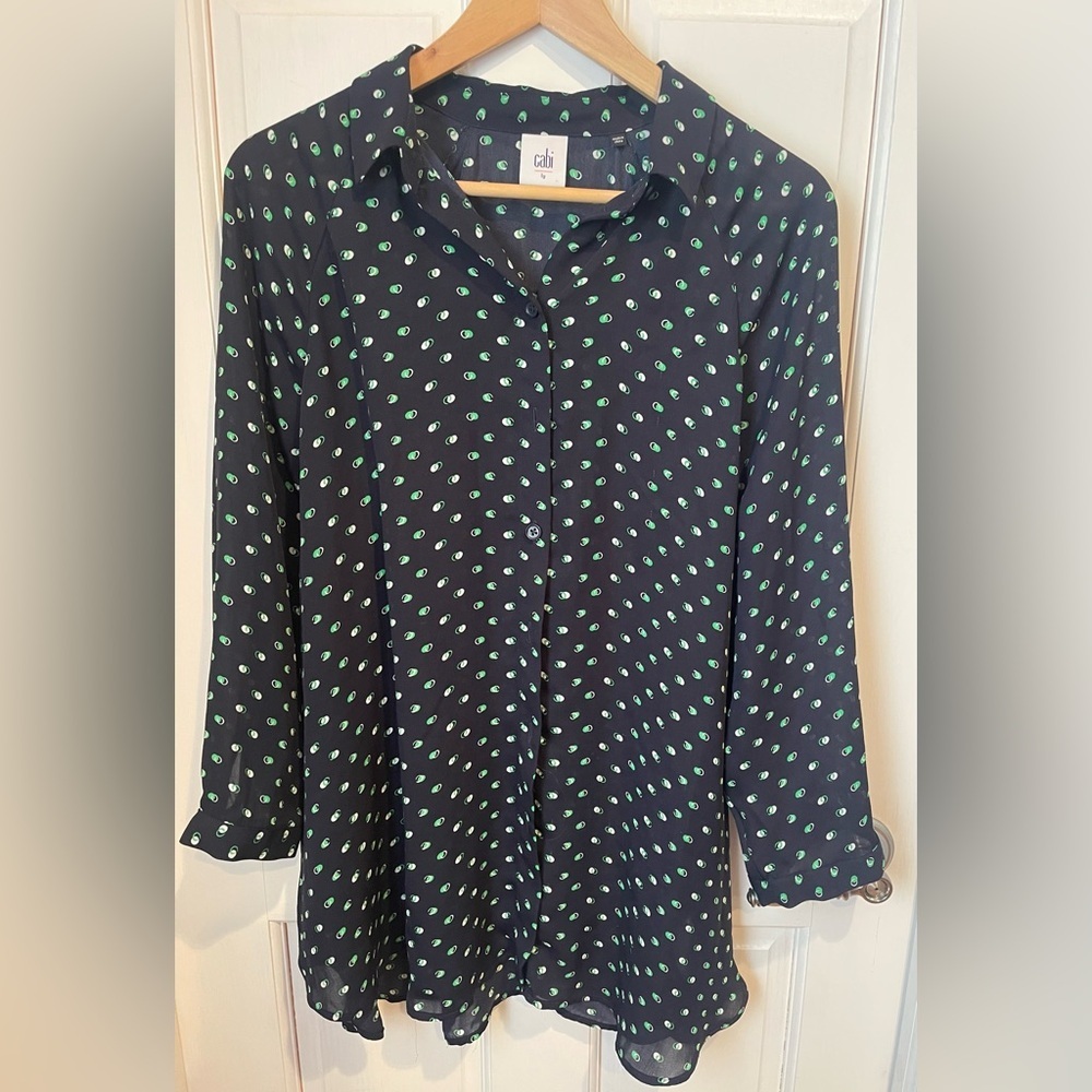 CAbi Dark Blue Flowy Blouse with Green Dots LG